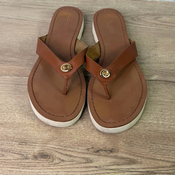 Coach Tan Leather Sandals with Gold Detail - Picture 2 of 6
